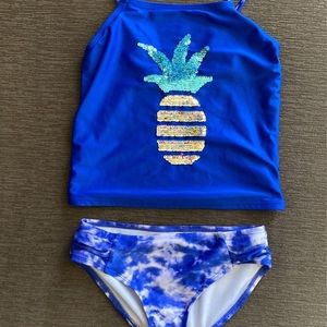 Blue/white girls bathing suit - pineapple sequins - two piece - - size 7/8